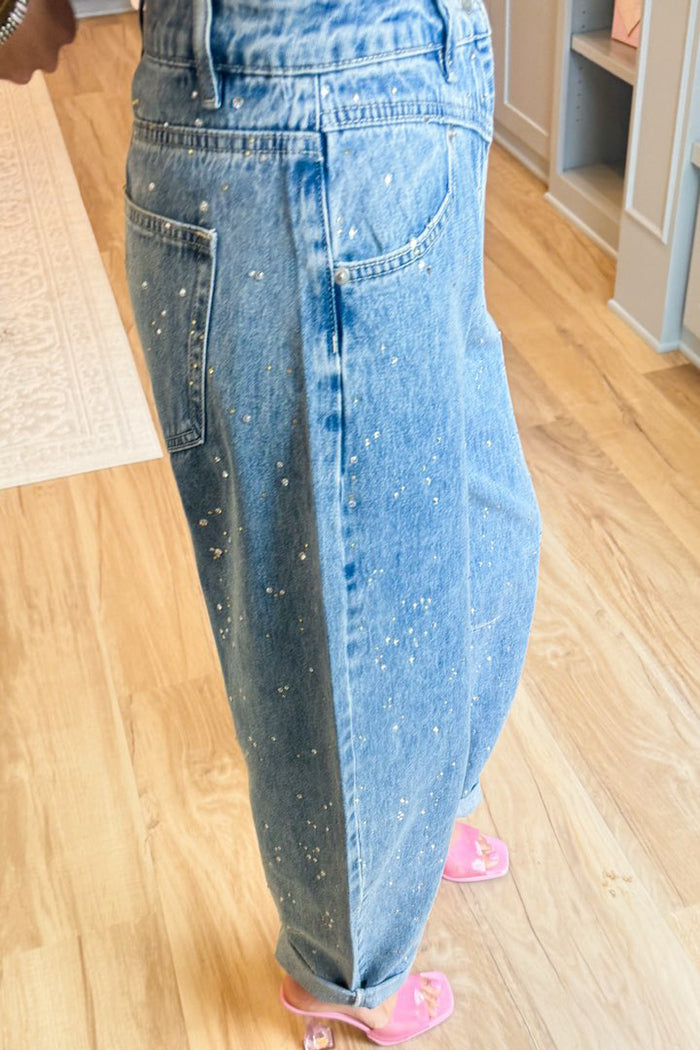 Casual Rhinestone Barrel Jeans