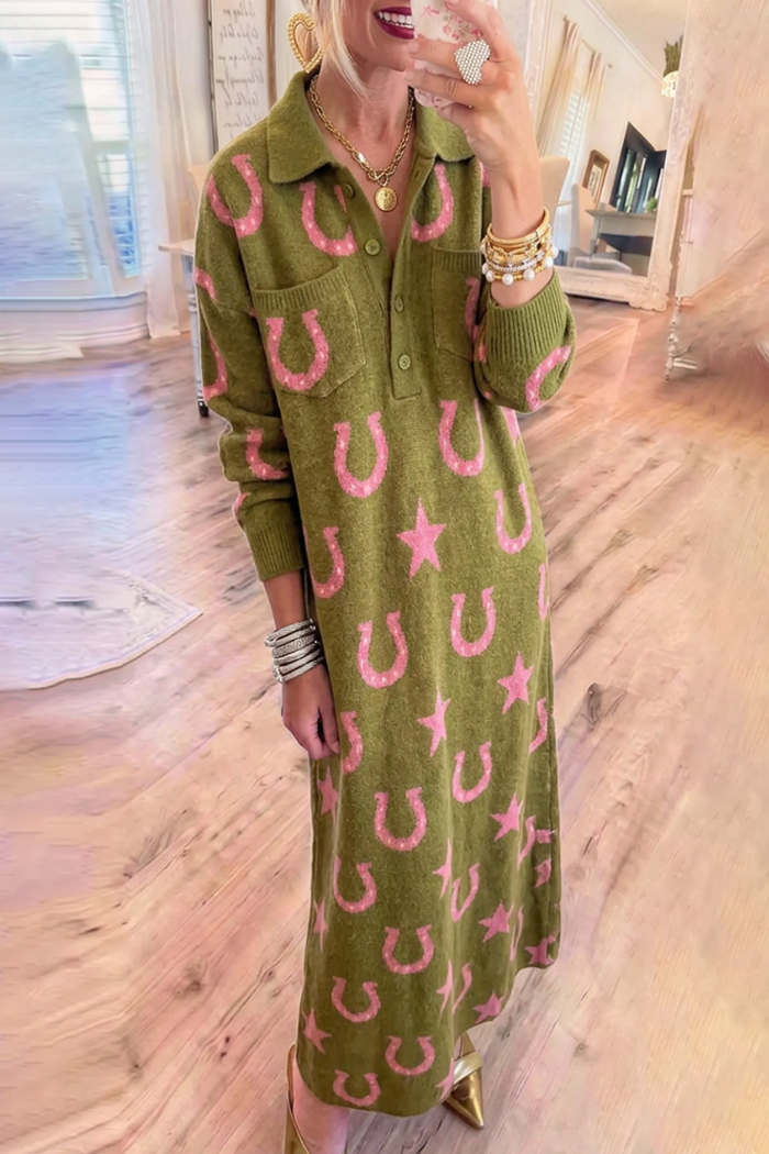Knit Horseshoe Star Jacquard Half Button Maxi Dress