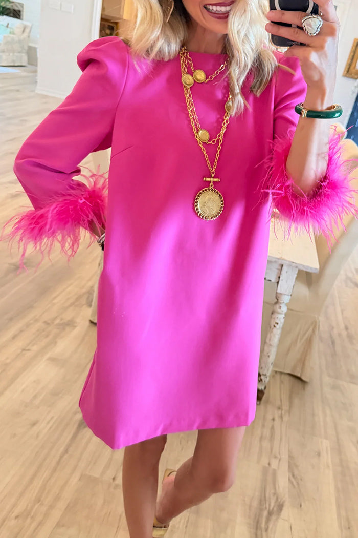 Hot Pink Feather Trim Pocket Shift Dress