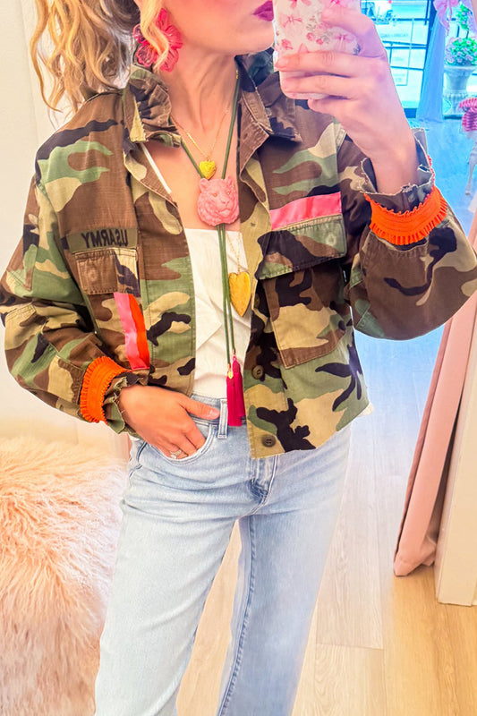 Ruffle Collar Camo Sequin Jacket