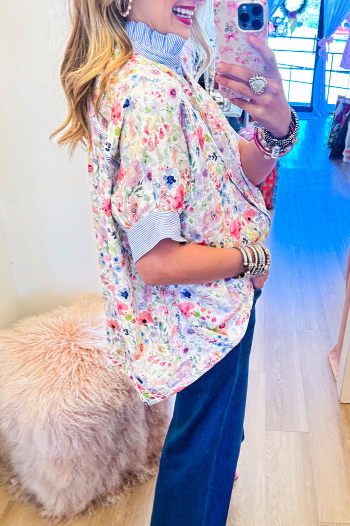 Blue Mix Flower Print Jacquard Ruffle Neck Top
