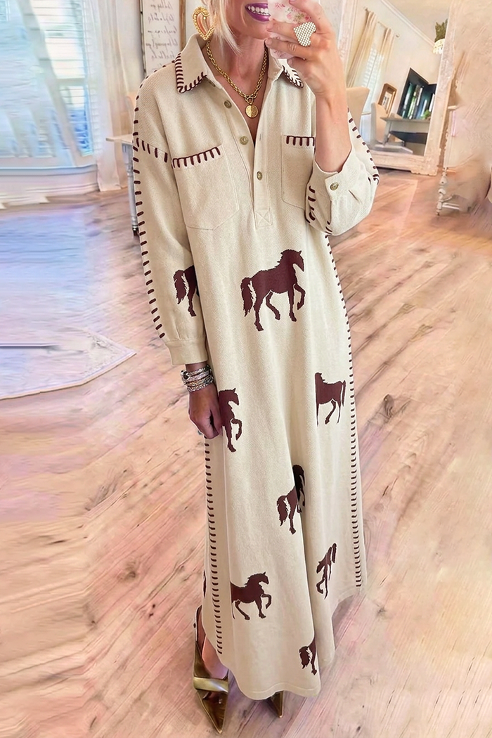 Collared Horse Embroidery Contrast Stitch Long Sleeve Knit Maxi Dress