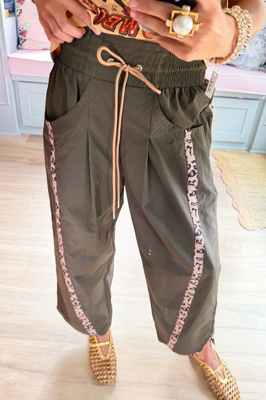Khaki Cheetah Contrast Wide Leg Pants