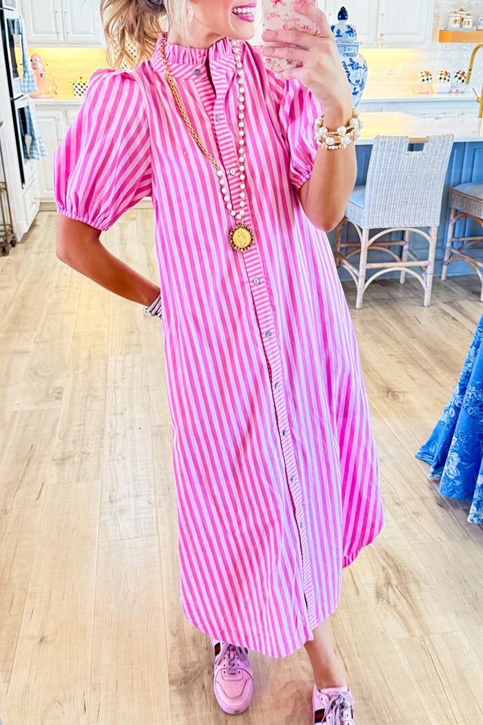 Striped Puff Sleeve Midi Dress