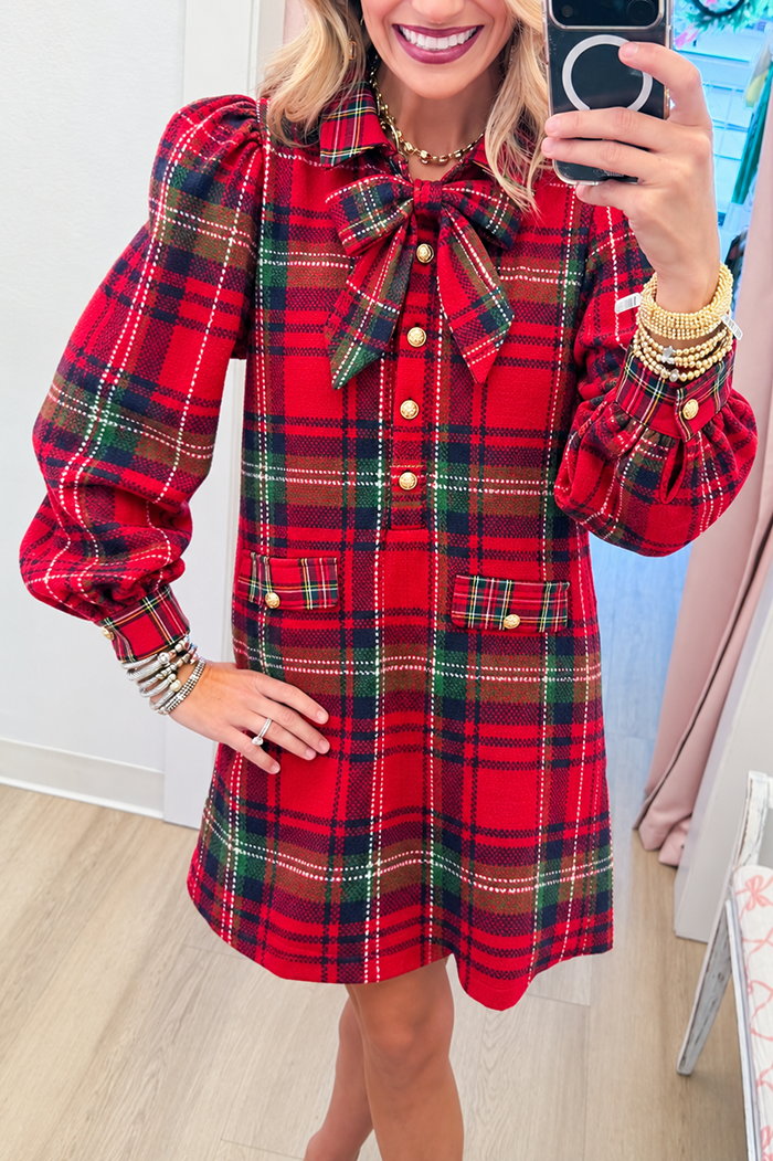 Plaid Pattern Bow Collar Shirt Dress