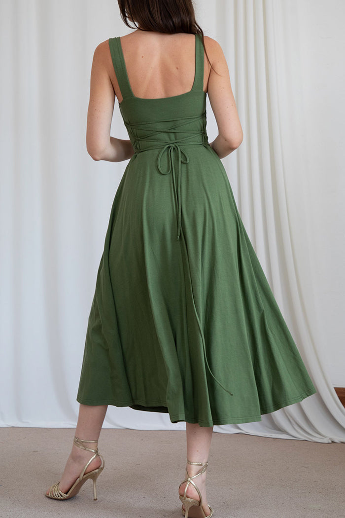 Square-Neck Tie-Waist Midi Dress