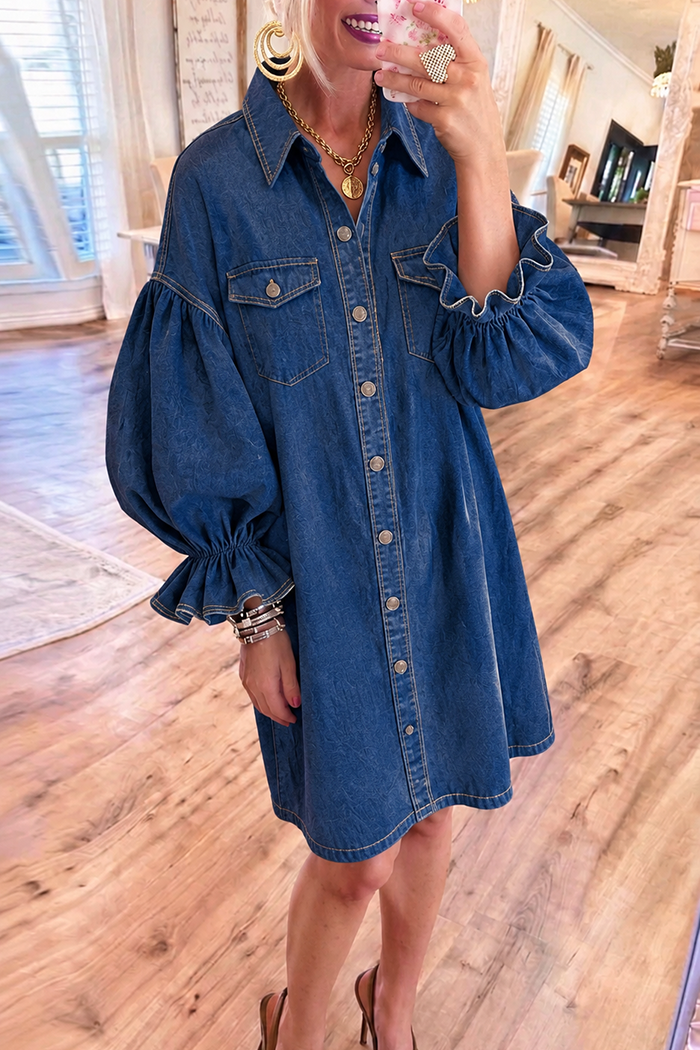 Button Up Denim Ruffle Cuff Pockets Dress