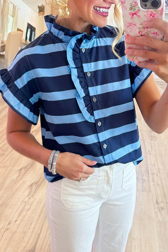 Navy Stripe Ruffle Placket Top