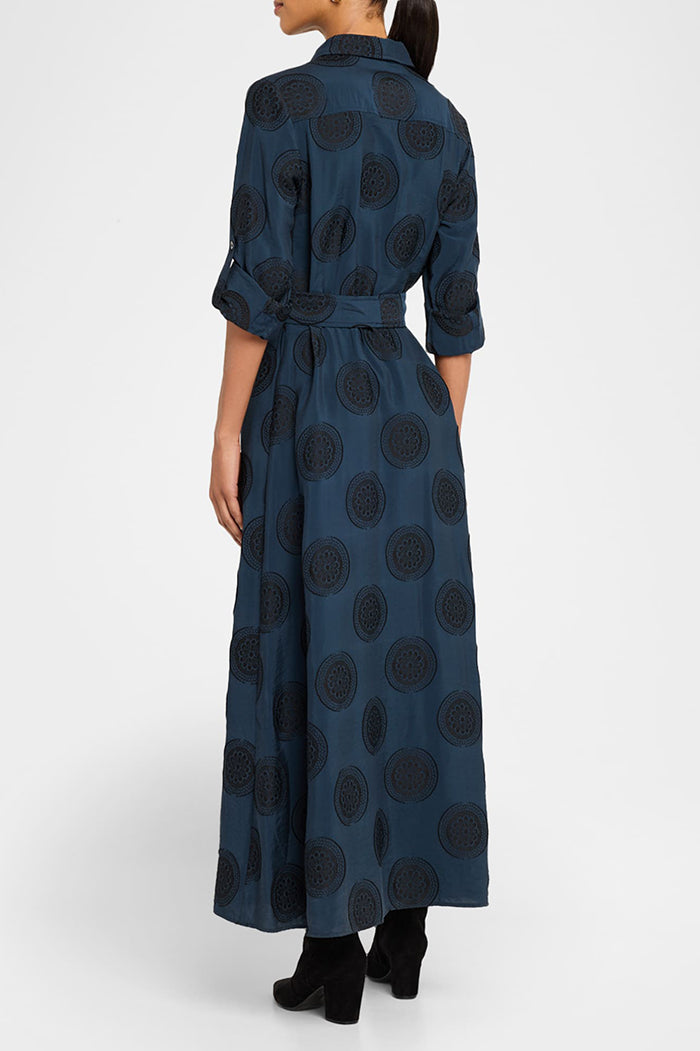 Circular Print Shirt Collar Belted Maxi Dress
