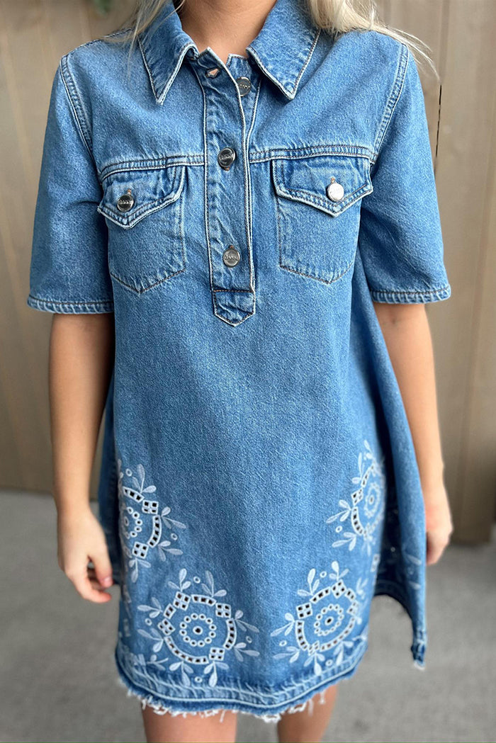 Pocketed Collared Eyelet Trim Raw Hem Denim Dress