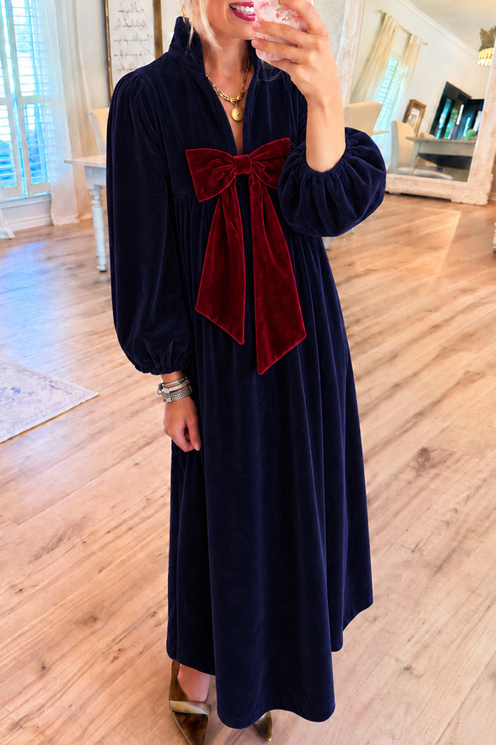 Velvet Bow Ruffle Collar Maxi Dress