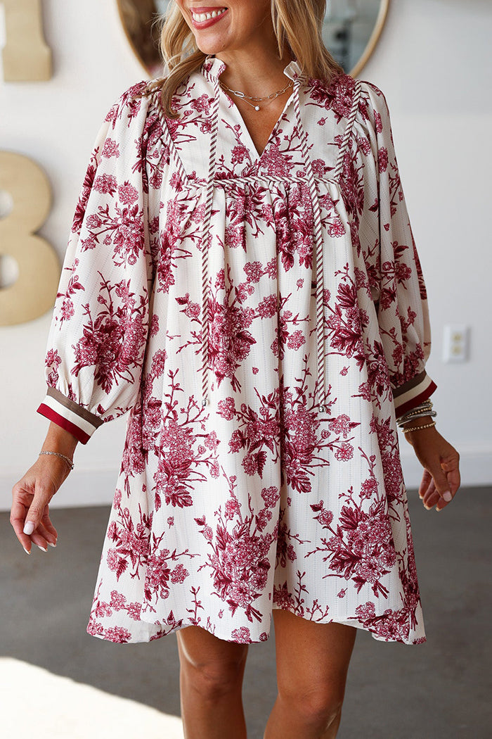 Floral Print Pocketed Tassel-Neck Dress