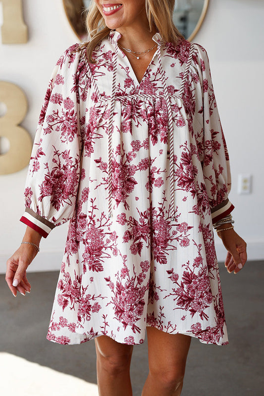 Floral Print Pocketed Tassel-Neck Dress