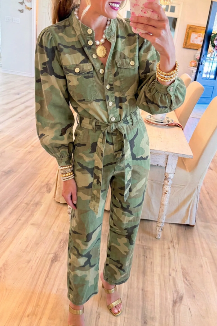 Camo Button Front Long Sleeve Belted Wide Leg Jumpsuit