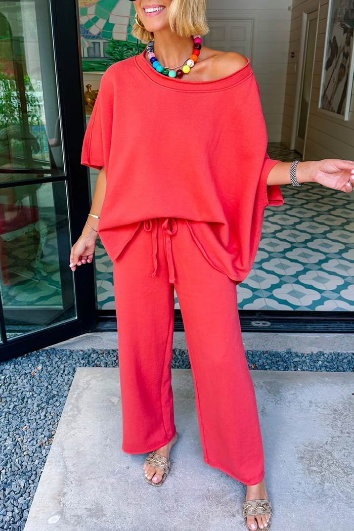 Casual Short Sleeve Wide Leg Drawstring Waist Set