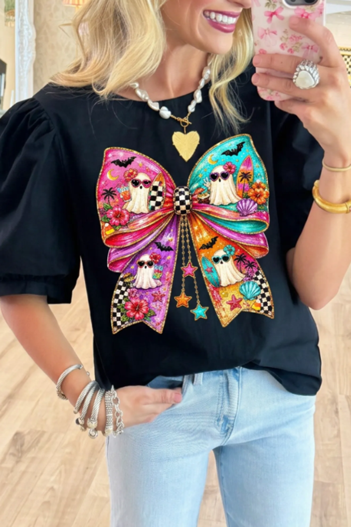 Halloween Ghost Bow Puff Short Sleeve Top