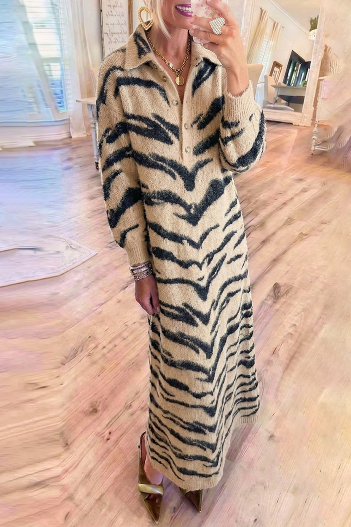 Beige Tiger Stripe Knit Collared Half‑Button Maxi Dress