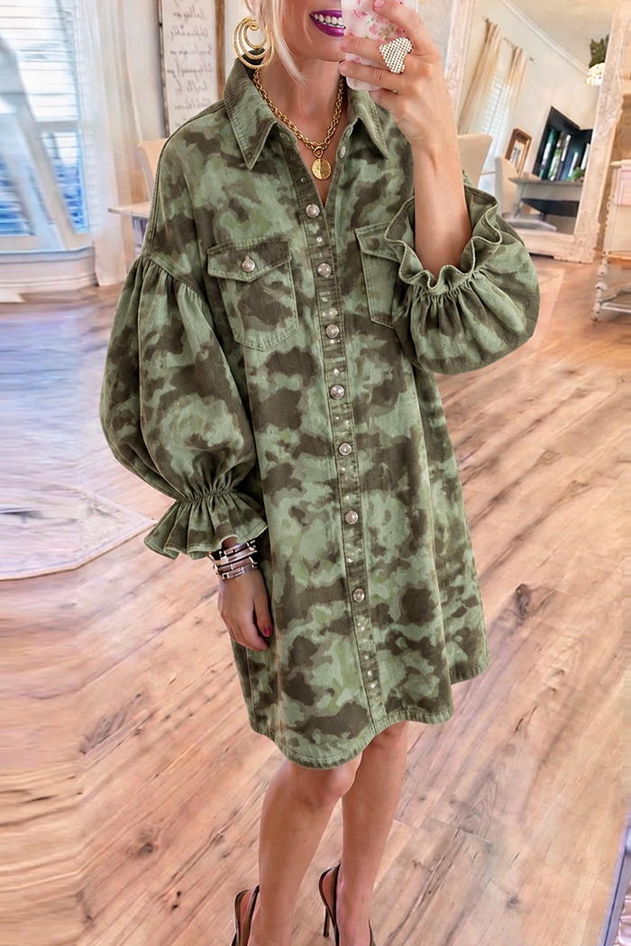 Camo Print Denim Bubble Sleeve Shirt Dress