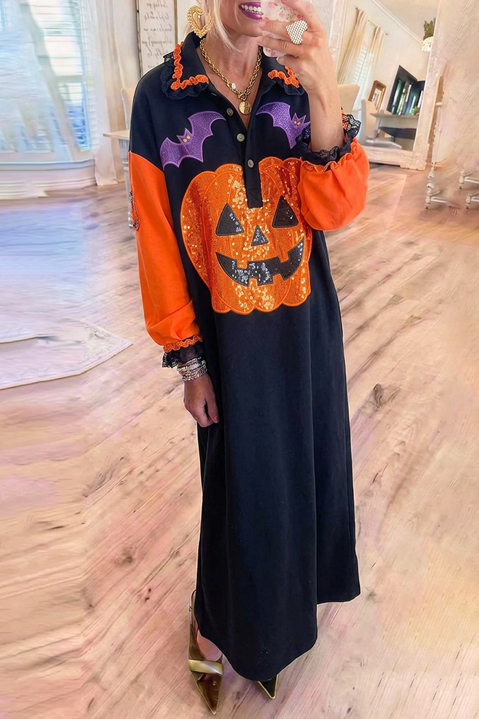 Black Pumpkin Sequin Applique Collared Maxi Dress
