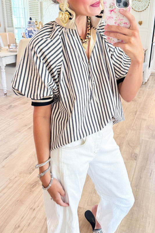 Stripe Half Zip Puff Sleeves Top