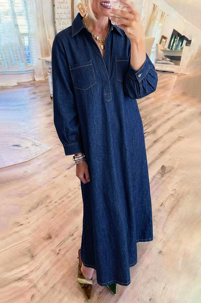 Dark Denim Collared Long Sleeves Pockets Maxi Dress