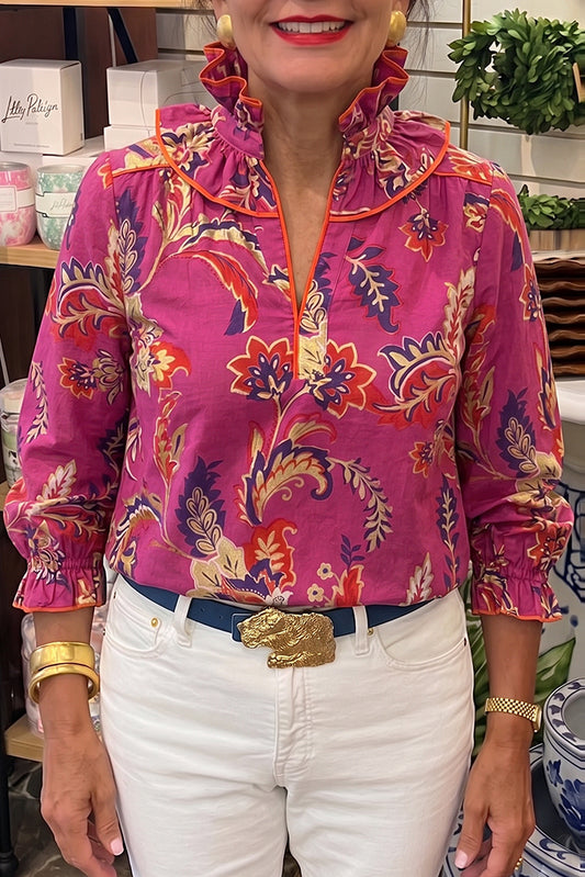 Fuchsia Ruffle Trim Floral Top