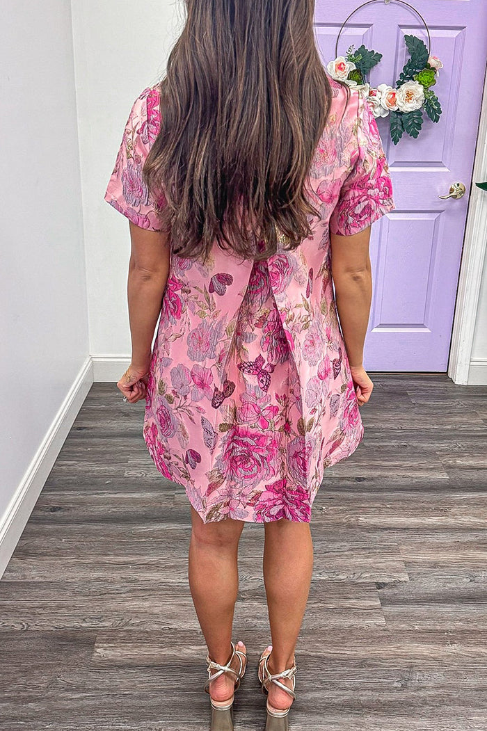 Butterfly Pink Floral Gathered Back Dress