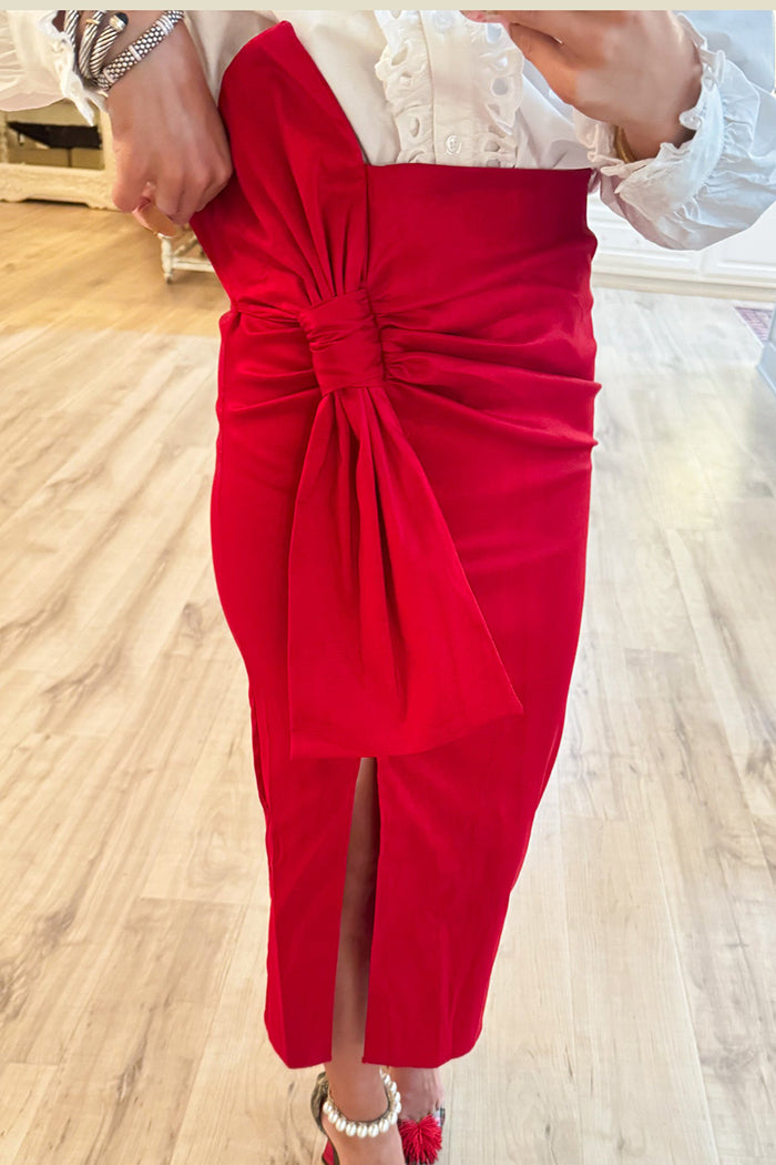 Red Bow Detailed Stretchy Midi Skirt