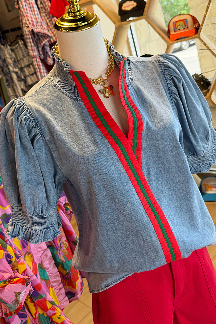Puff Sleeve Trim Detail Denim Top