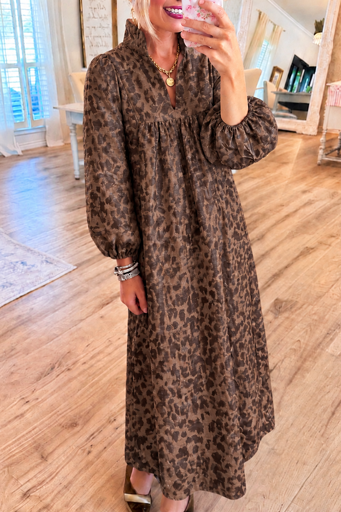 Leopard Lantern Sleeve Pocket Maxi Dress