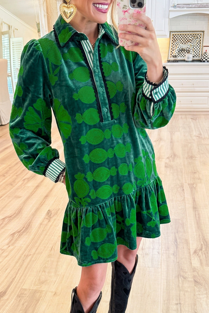 Velvet Collared Puff Sleeve Ruffle Hem Pocket Dress