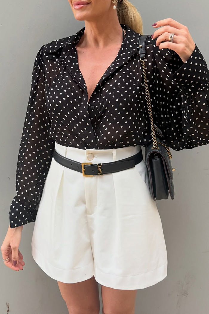 Polka Dot Puff Sleeve Button-Up Top