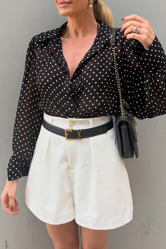 Polka Dot Puff Sleeve Button-Up Top