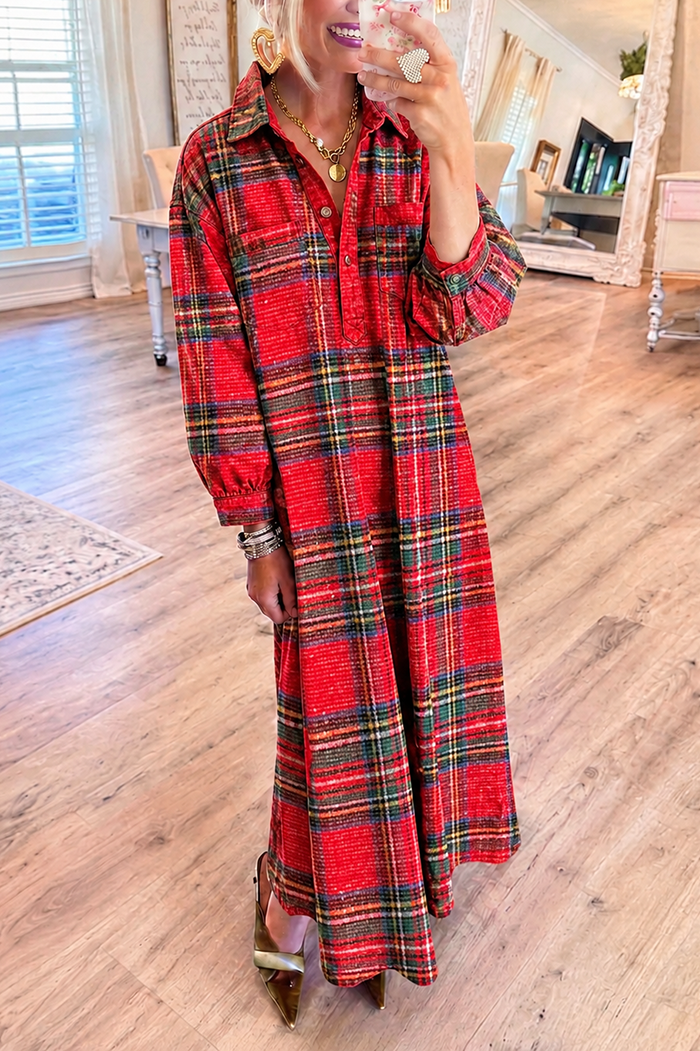 Red Plaid Sequins Pocket Maxi Dress