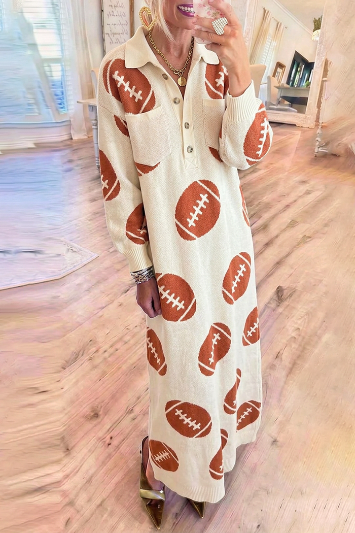 Collared Football Motif Chest Pockets Long Sleeve Knit Maxi Dress