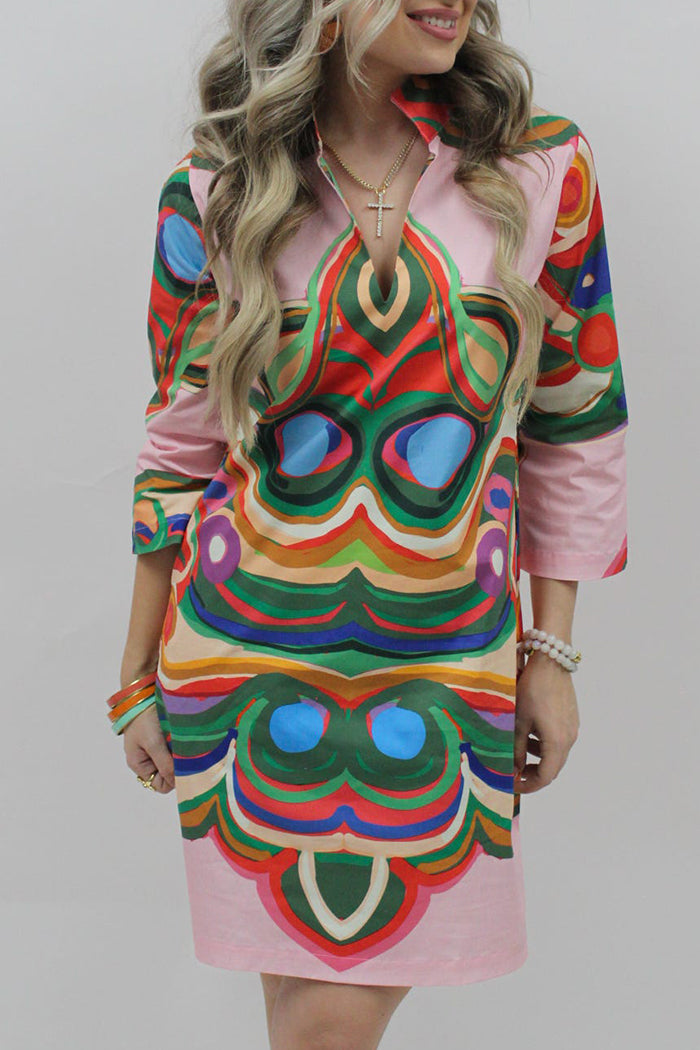 Printed Stand Collared Pocketed Shift Dress