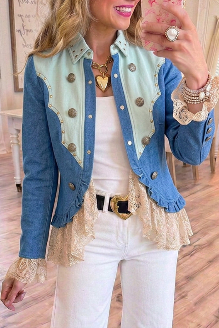 Collared Color Block Metal Stud Lace Hem Long Sleeve Denim Jacket