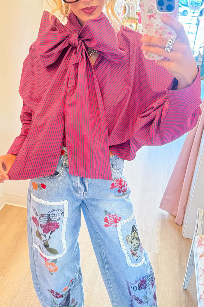 Pink Green Stripe Neck Tie Long Sleeve Top