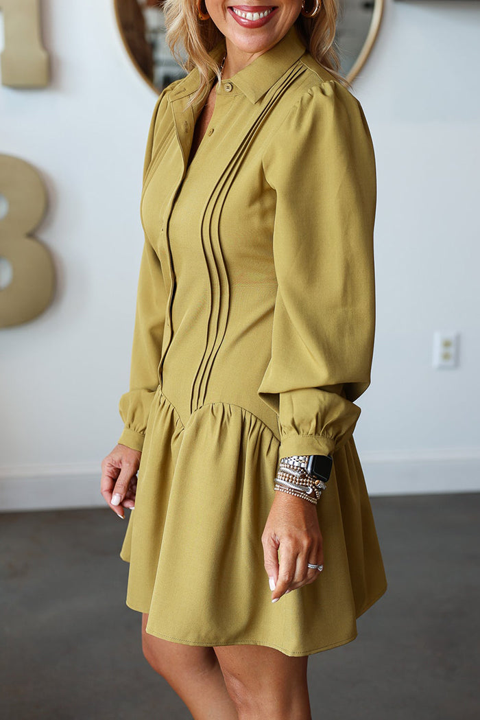 Button-Front Drop Waist Lined Shirt Dress