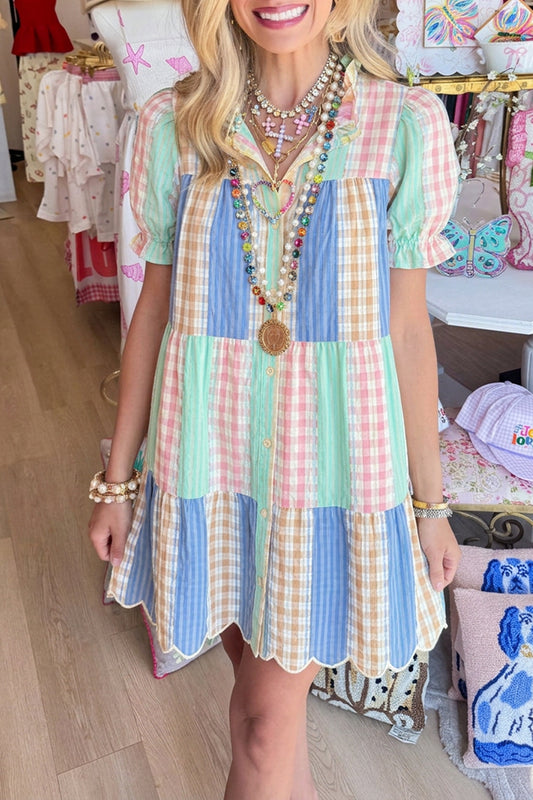 Ruffle Neck Plaid Button Down Dress