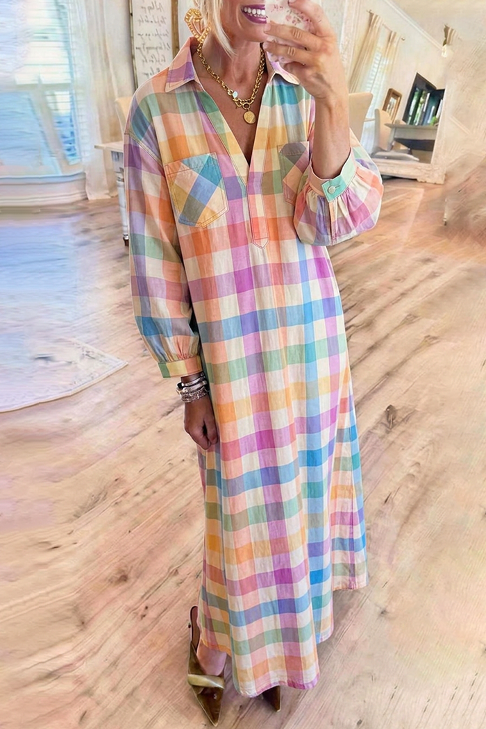 Plaid Collared Puff Sleeve Pocket Maxi Dress