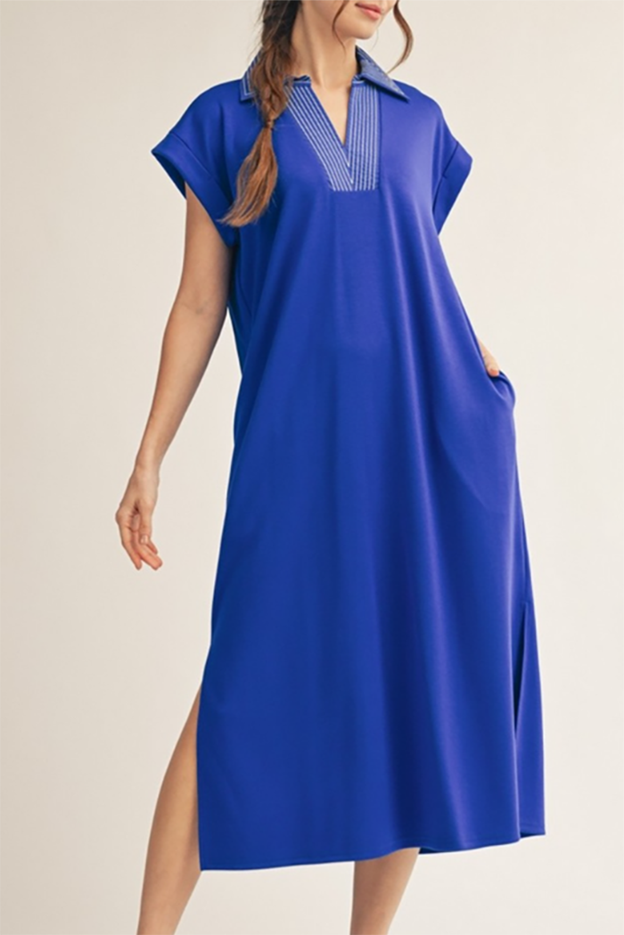Cap Sleeve Pocket Slit Midi Dress