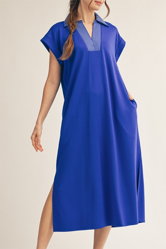 Cap Sleeve Pocket Slit Midi Dress