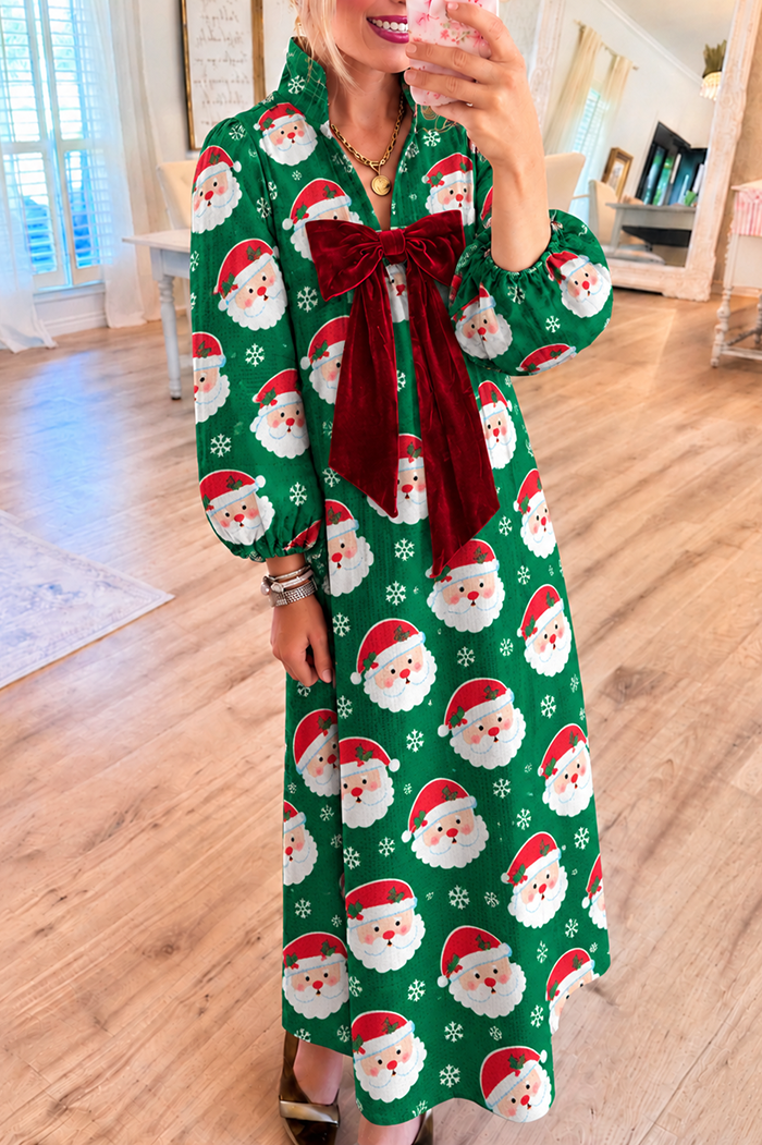 Santa and Snowflake Pattern Velvet Bow Pocket Maxi Dress