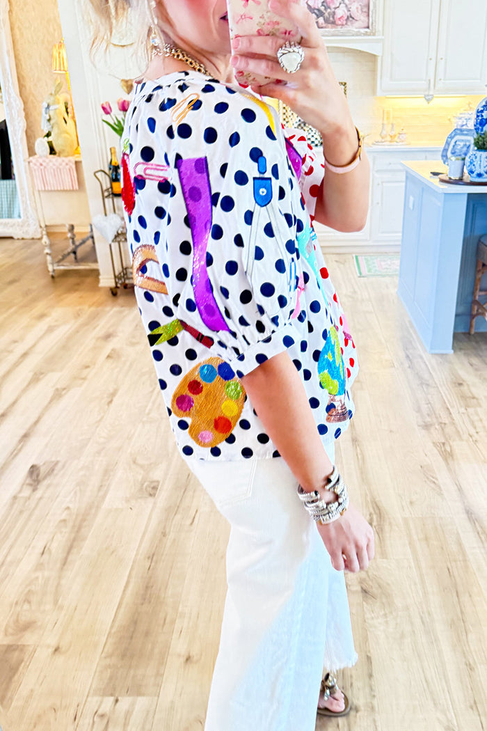Polka Dot Puff Sleeve Button Up Top