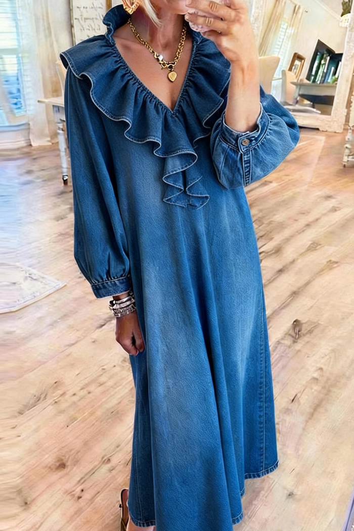 Ruffled V Neck Denim Maxi Dress