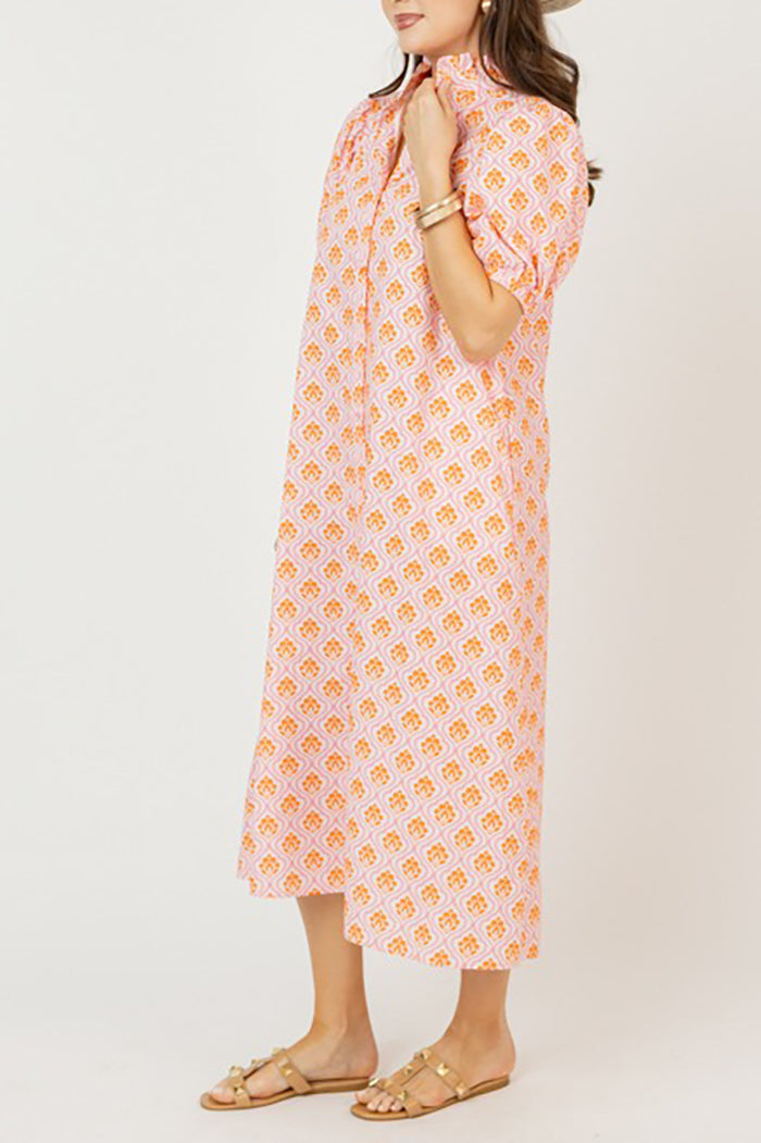 Printed Puff Sleeve Button Pocket Midi Dress