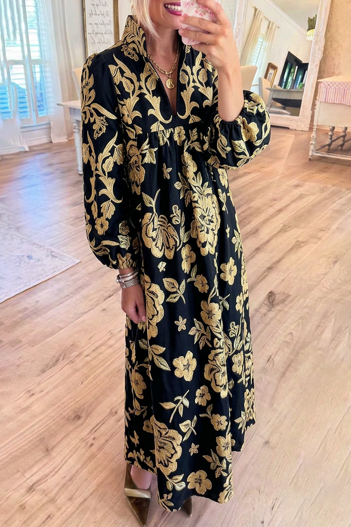 Metallic Floral Jacquard Stand Collar Bubble Sleeve Maxi Dress