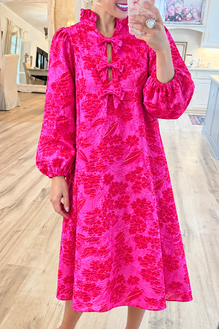 Fuchsia Floral Jacquard Bow Dress