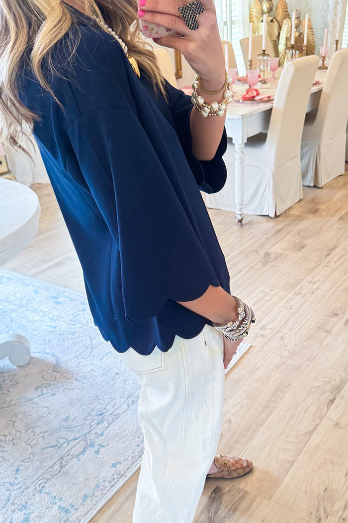 Flare Sleeve Scalloped Top